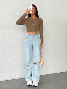 SHEIN EZwear Dây kéo Dây rút Áo hoodie ngắn - màu nâu - Xem 5