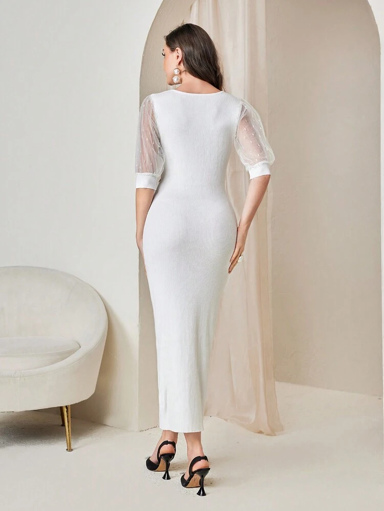 Contrast Mesh Puff Sleeve Contrast Binding Bodycon Sweater Dress