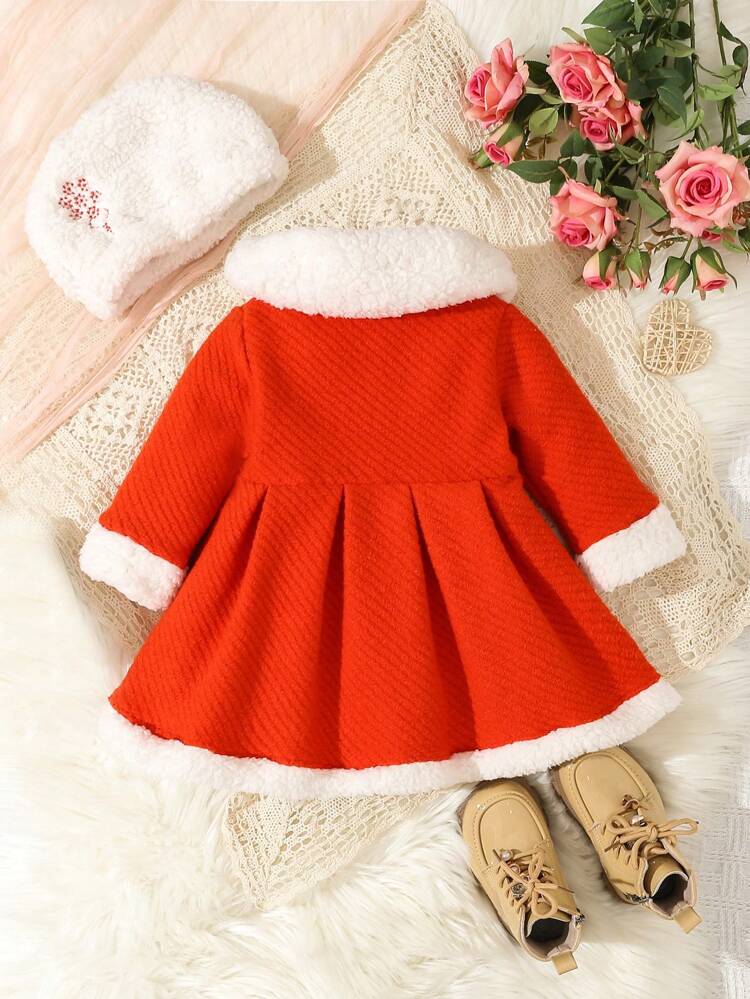 Baby Girl Borg Collar Double Breasted Fold Pleated Overcoat & Hat
