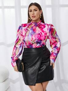 SHEIN Privé Plus Allover Print Lantern Sleeve Blouse - Multicolor - View 3