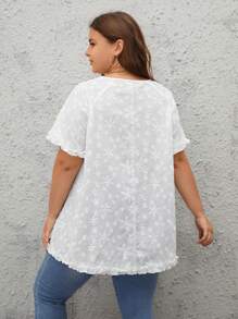 Calvaya Plus Floral Embroidery Frill Trim Blouse - White - View 2