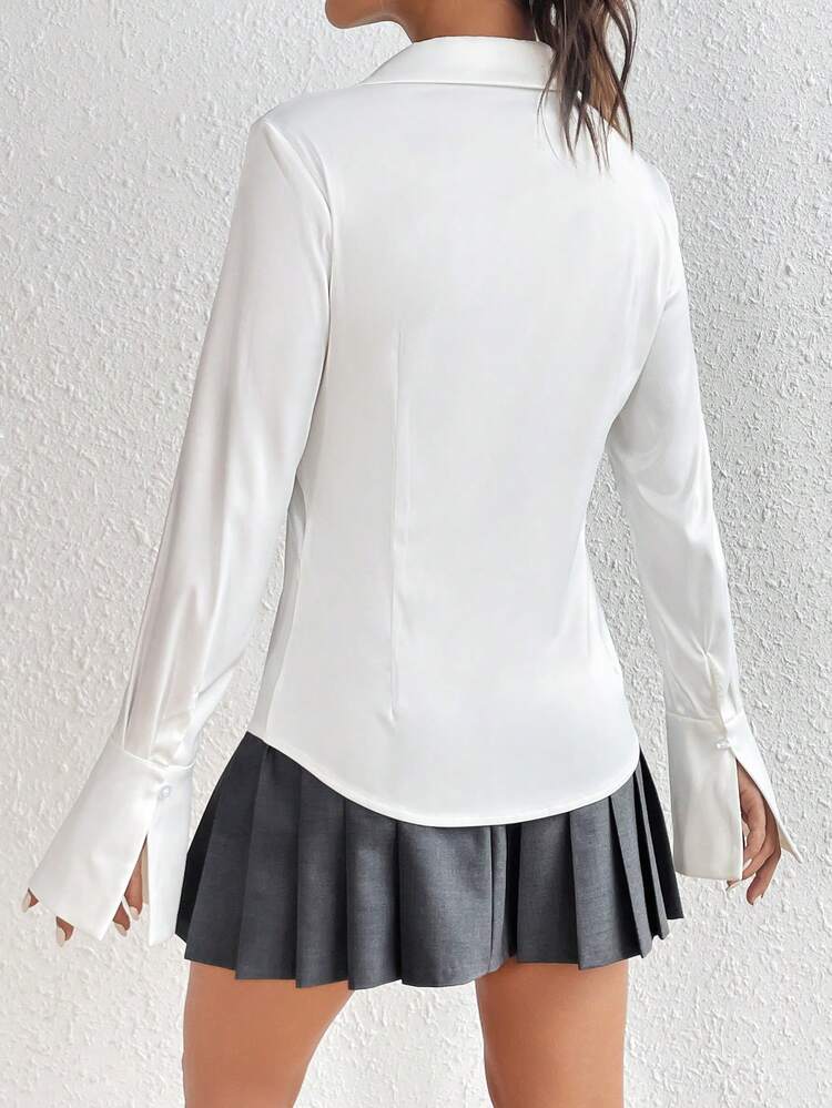 Solid Button Front Flounce Sleeve Blouse
