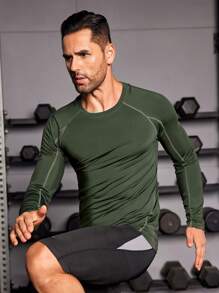 1pc Contrast Top-stitching Sports Tee - Army Green - View 4