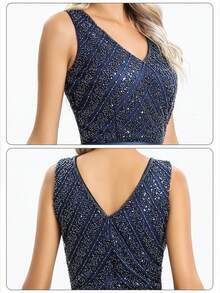 Contrast Sequin Mesh Prom Dress - Navy Blue - View 6