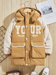 SHEIN Tween Boy 1 件字母图案翻盖口袋插肩袖连帽棉服外套 - 杏色 - 查看 4