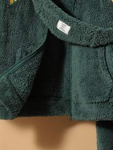 SHEIN Tween Boy Letter Embroidery Hooded Teddy Jacket & Pants & Bag - Dark Green - View 5