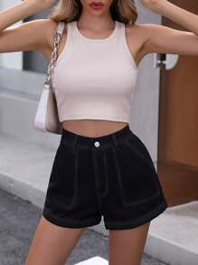 SHEIN Frenchy 高腰卷邊牛仔短褲 - 黑色 - 查看 1