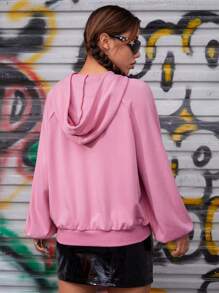 SHEIN PETITE 字母圖案插肩袖抽繩連帽衫 - 粉色 - 查看 2