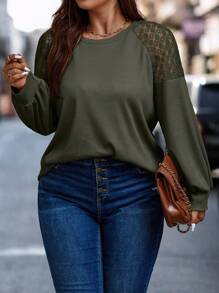 Calvaya 大碼蕾絲拼接插肩袖T恤 - 軍綠色 - 查看 4