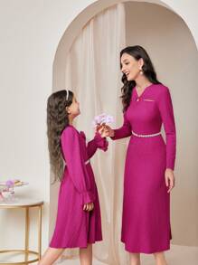 SHEIN Tween Girl 3d Rose Front Flare Sleeve Dress Without Belt - Mint Green - View 3