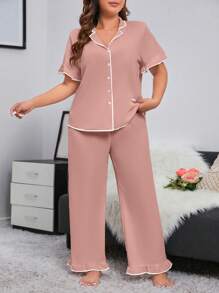 加大对比色绑带纽扣前睡衣套装/睡衣套装女士睡衣套装女士睡衣曲线睡衣 - 藕粉色 - 查看 3