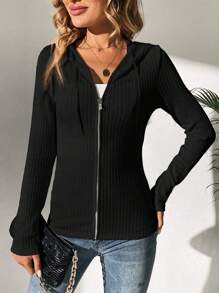 SHEIN Tall 拉鏈開襟連帽夾克 - 黑色 - 查看 5