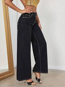 SHEIN BAE Butterfly Pattern Contrast Stitch Wide Leg Jeans - Black - View 4