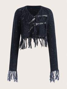 ROMWE PUNK Fringe Trim Buckle Front Crop Cardigan - Navy Blue - View 1