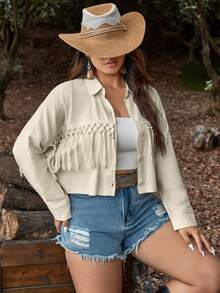 SHEIN VCAY 大碼流蘇邊前紐扣夾克 - 米色 - 查看 3