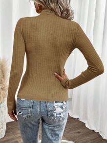 SHEIN Clasi Mock Neck Ribbed Knit Sweater - Camel - View 2