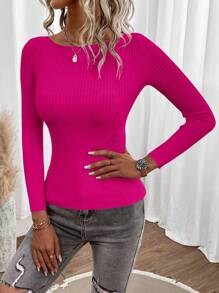 SHEIN Clasi Boat Neck Ribbed Knit Sweater - Hot Pink - View 3