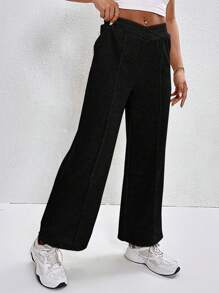 SHEIN PETITE 淨色彈力腰闊腿運動褲 - 黑色 - 查看 1