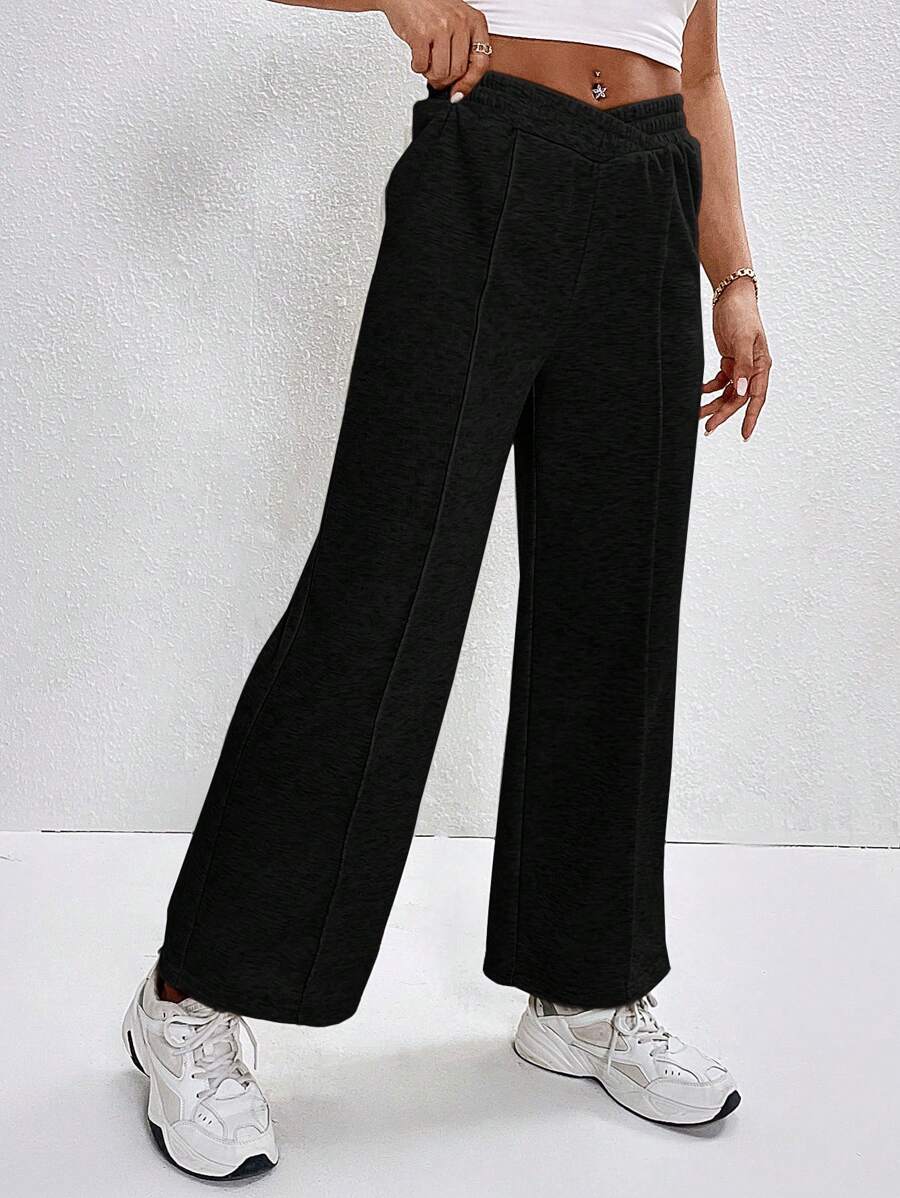 SHEIN PETITE 淨色彈力腰闊腿運動褲 - 黑色 - 查看 1