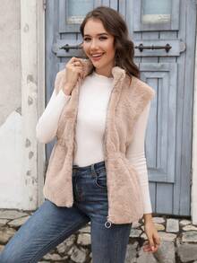 RELISH NOLESS Dây kéo mặt trước Áo khoác vest fuzzy - Lạc đà - Xem 4