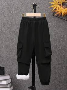 SHEIN Young Boy Slim-Fit Sports Plush Woven Cargo Pants - Black - View 6