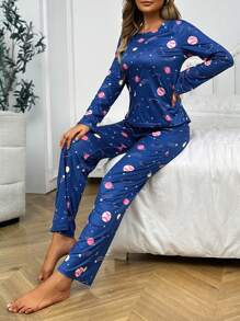 Conjunto de pijama con estampado de galaxia, ropa de otoño e invierno cómoda y elegante - azul real - Ver 4