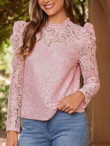 SHEIN Clasi Mock Neck Puff Sleeve Lace Top - Pink - View 5