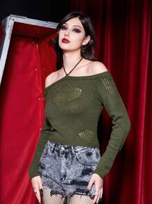 ROMWE PUNK Solid Halter Neck Sweater - Army Green - View 4