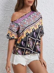SHEIN VCAY 佩斯利印花不對稱領蝙蝠袖襯衫 - 黑色 - 查看 3