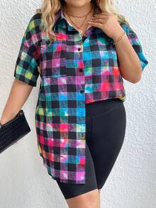 SHEIN LUNE 大碼格紋印花落肩袖襯衫 - 彩色 - 查看 6