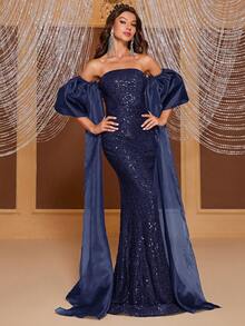 YISIKADO Off Shoulder Contrast Sequin Formal Dress - Navy Blue - View 5