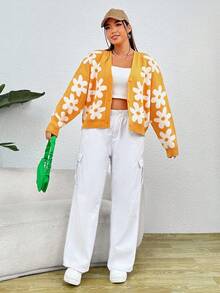 SHEIN EZwear Plus Floral Pattern Drop Shoulder Cardigan - Multicolor - View 5