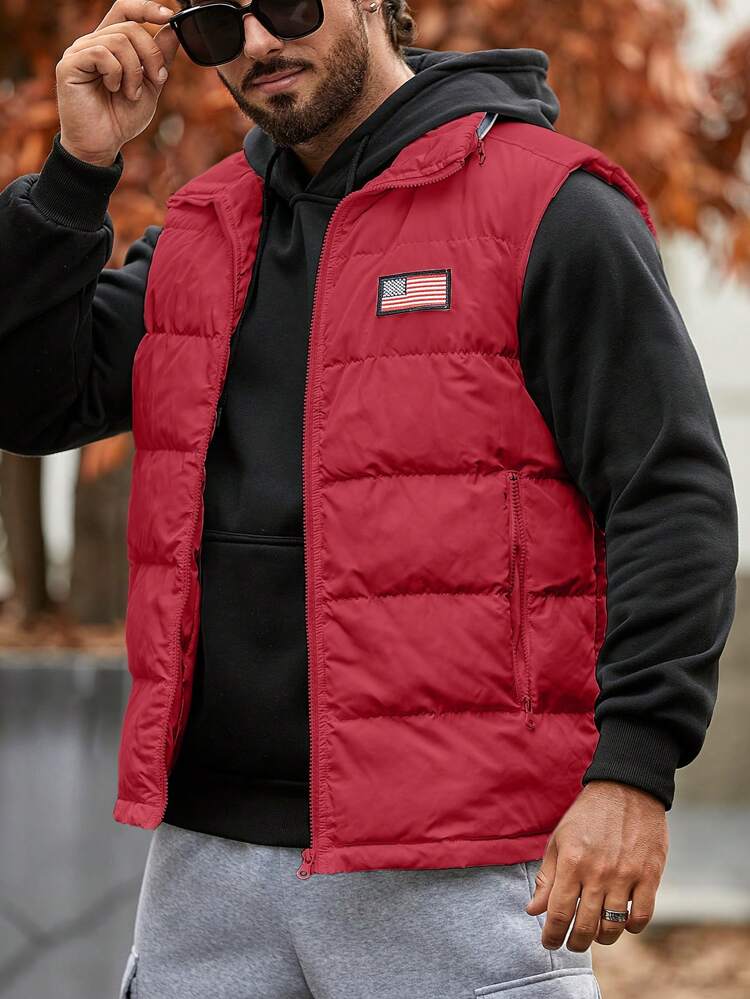 Loose Fit Men's Padded Coat With Flag Patched Detail And Zipper Vest