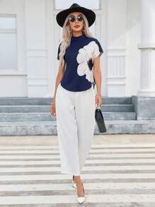 SHEIN Clasi Floral Print Batwing Sleeve Curved Hem Mock Neck Blouse - Royal Blue - View 7