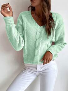EMERY ROSE Cable Knit Drop Shoulder Sweater,Long Sleeve Tops Knit Pullover Fall Winter Outfit - Mint Green - View 5