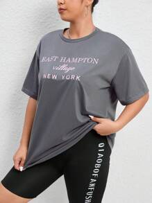 SHEIN EZwear 大碼刺繡字母圖案落肩T恤 - 灰色 - 查看 5