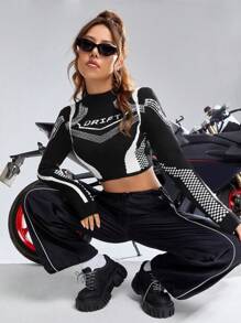 SHEIN Coolane 字母圖案小高領短款毛衣 - 黑與白 - 查看 1