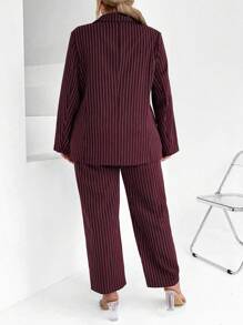 Calvaya Plus Pinstriped Print Blazer & Pants - Burgundy - View 2