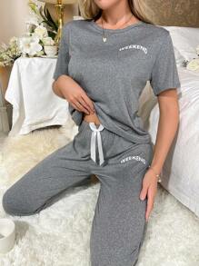 Letter Graphic Tee & Bow Front Pants PJ Set / Pajama Set Bow Tie - Dark Grey - View 3
