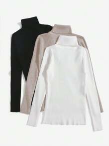 SHEIN Essnce 3pcs Solid Turtleneck Rib-Knit Sweater In Fall/Winter - Multicolor - View 5
