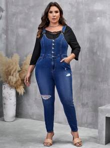 SHEIN LUNE Plus Ripped Denim Overalls Without Top - Medium Wash - View 2