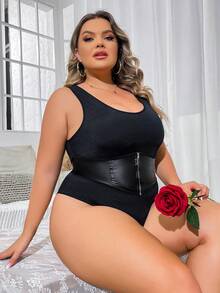 大碼前拉鏈連體緊身衣 - 黑色 - 查看 6