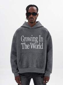 Men Slogan Embroidery Drop Shoulder Hoodie - Light Grey - View 1