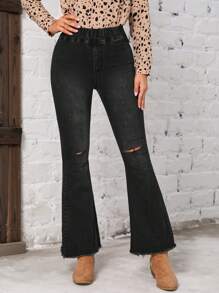 SHEIN LUNE High Waist Ripped Raw Hem Flare Leg Jeans - Black - View 1