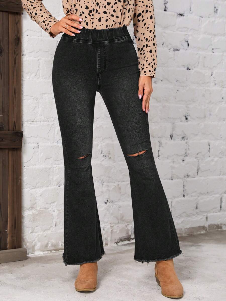 SHEIN LUNE High Waist Ripped Raw Hem Flare Leg Jeans - Black - View 1