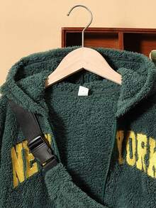SHEIN Tween Boy Letter Embroidery Hooded Teddy Jacket & Pants & Bag - Dark Green - View 7