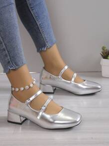 Women's College Style High Heel Pumps - Silver - View 4