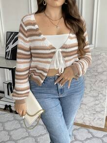 SHEIN Franclia Plus Striped Pattern Tie Front Cardigan - Multicolor - View 4