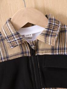 Baby Girl Plaid Print Zip Up Flap Pocket Jacket Without Tee - Multicolor - View 5
