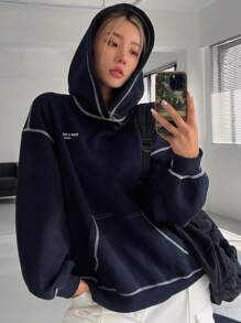 DAZY 女式休闲字母印花保暖内衬连帽卫衣，秋冬 - 藏蓝色 - 查看 4